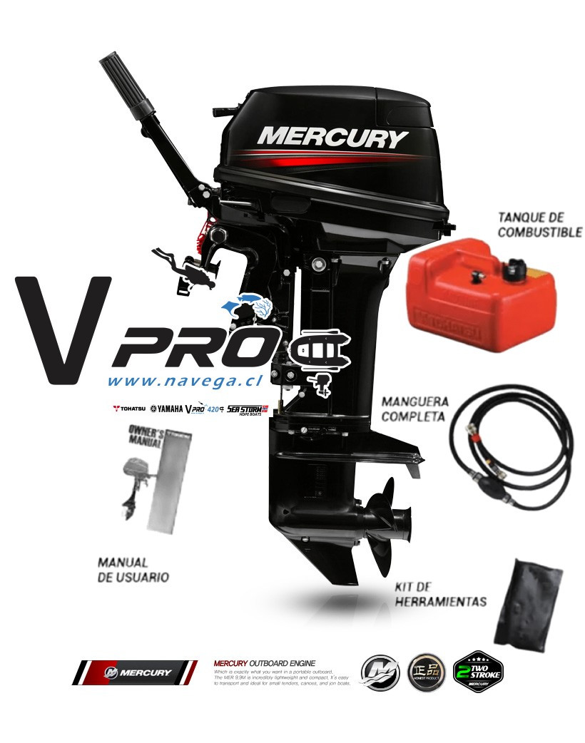 Motor fuera de borda Mercury 15HP 2 tiempos Mando popero pata larga